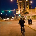 Hilary biking downtown. 